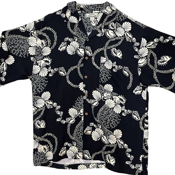Tommy Bahama Black Shell Print 100% Silk Men's Short Sleeve Hawaiian Shirt L - Picture 1 of 6